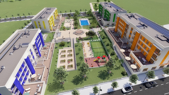 Vista aérea 3D de Ciudad Futuro